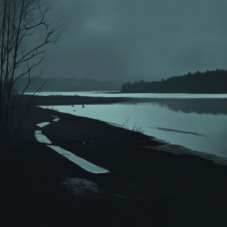 Folk Noir style, Midjourney V6.1: realistic landscape photograph of quiet dawn