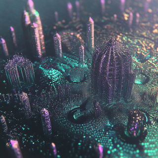 Blackwork Mosaicism style, Midjourney V6.1: megacity with futuristic bioarchitecture