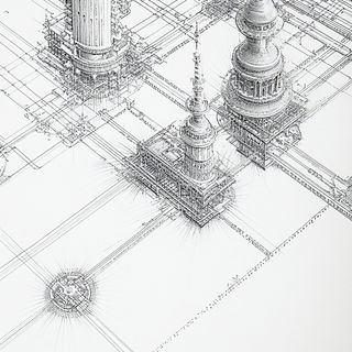 Brushscar Tropic style, Midjourney V6.1: technical infrastructure blueprint schematics