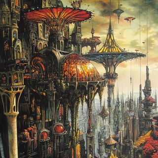 Autumnal Chinoiserie style, Midjourney V6.1: megacity with futuristic bioarchitecture