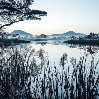 Machinolith style, Midjourney V6.1: realistic landscape photograph of quiet dawn