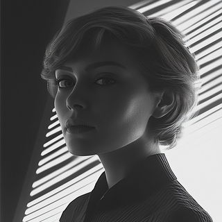 Chrysalid Interior Bureau style, Midjourney V6.1: photographic portrait of female protagonist