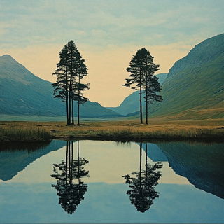 Neon Stringtheatre style, Midjourney V6.1: realistic landscape photograph of quiet dawn