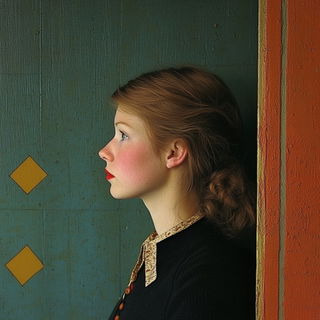 Neon Stringtheatre style, Midjourney V6.1: photographic portrait of female protagonist