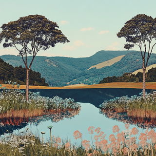 Graphite Grottoism style, Midjourney V6.1: realistic landscape photograph of quiet dawn