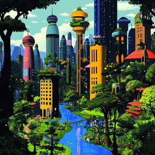 Cosmabazaar style, Midjourney V6.1: megacity with futuristic bioarchitecture