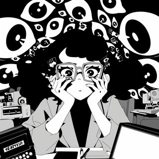 Cosmabazaar style, Midjourney V6.1: black-and-white manga comic strip