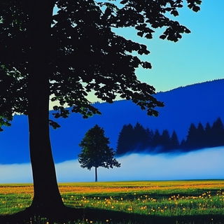 Cosmabazaar style, Midjourney V6.1: realistic landscape photograph of quiet dawn