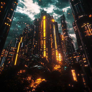 Sporeflare style, Midjourney V6.1: megacity with futuristic bioarchitecture