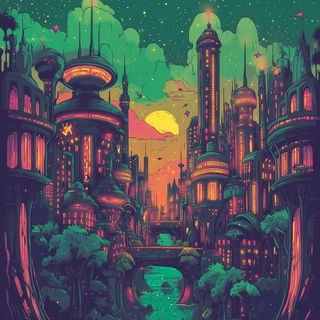 Ring Toss of Reeds style, Midjourney V6.1: megacity with futuristic bioarchitecture