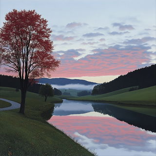Marblewake style, Midjourney V6.1: realistic landscape photograph of quiet dawn