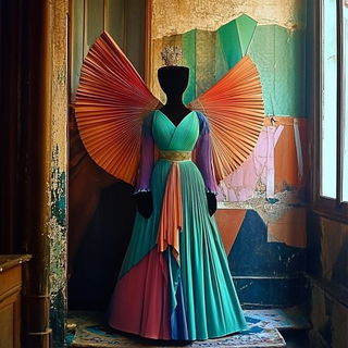 Gildglyph style, Midjourney V6.1: haute-couture fashion outfit