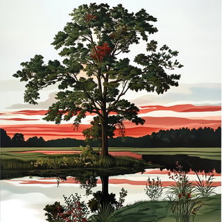 Lunagraphic style, Midjourney V6.1: realistic landscape photograph of quiet dawn
