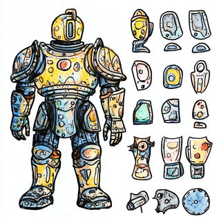 Pagodaflare style, Midjourney V6.1: concept art character design of retropunk steam knight