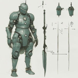 Marketmoss style, Midjourney V6.1: concept art character design of retropunk steam knight