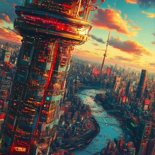 Amber Junctions style, Midjourney V6.1: megacity with futuristic bioarchitecture