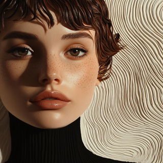 Swirlprint style, Midjourney V6.1: photographic portrait of female protagonist