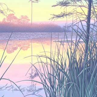 Glitchomorph style, Midjourney V6.1: realistic landscape photograph of quiet dawn