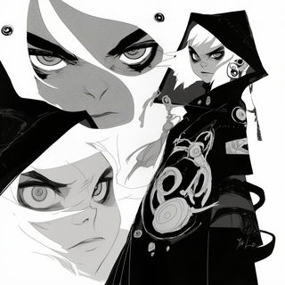 Mythengrave style, Midjourney V6.1: black-and-white manga comic strip