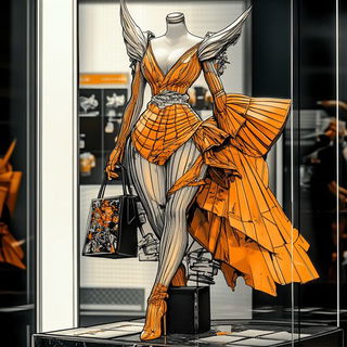 Monarch Mosaic style, Midjourney V6.1: haute-couture fashion outfit
