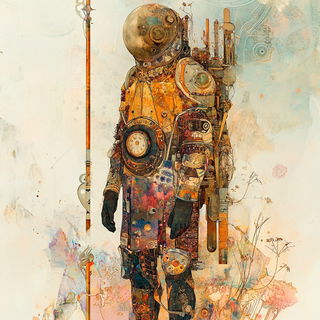 Brutalist Fireblur style, Midjourney V6.1: concept art character design of retropunk steam knight
