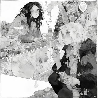 Brutalist Fireblur style, Midjourney V6.1: black-and-white manga comic strip