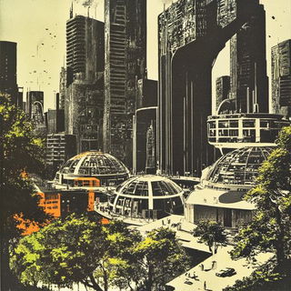 Parrotheon style, Midjourney V6.1: megacity with futuristic bioarchitecture