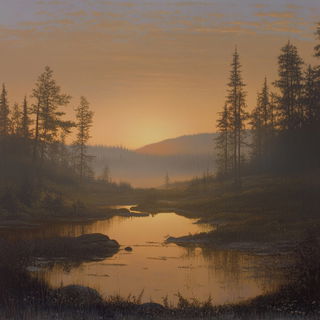Hoarfrost Machinery style, Midjourney V6.1: realistic landscape photograph of quiet dawn