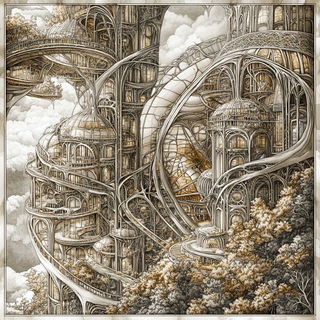 Pigmentide style, Midjourney V6.1: megacity with futuristic bioarchitecture