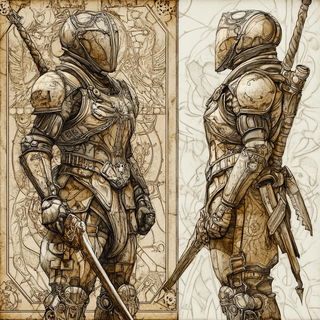 Pigmentide style, Midjourney V6.1: concept art character design of retropunk steam knight