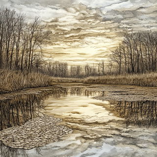 Pigmentide style, Midjourney V6.1: realistic landscape photograph of quiet dawn