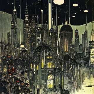 Quasar Ink Tropics style, Midjourney V6.1: megacity with futuristic bioarchitecture