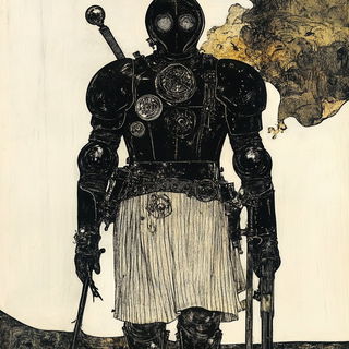 Quasar Ink Tropics style, Midjourney V6.1: concept art character design of retropunk steam knight