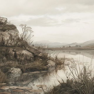 Bluewood Irezumi style, Midjourney V6.1: realistic landscape photograph of quiet dawn