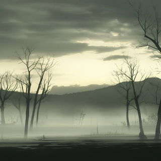 Cascade Polyrhythm style, Midjourney V6.1: realistic landscape photograph of quiet dawn