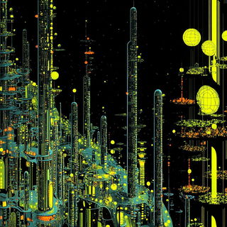 Pewterpop Bestiary style, Midjourney V6.1: megacity with futuristic bioarchitecture