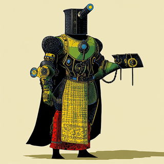Pewterpop Bestiary style, Midjourney V6.1: concept art character design of retropunk steam knight