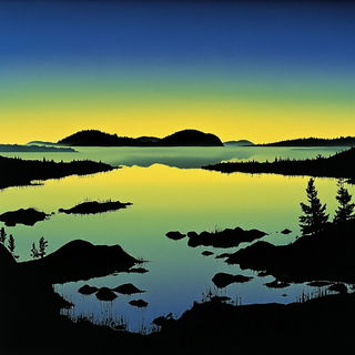 Pewterpop Bestiary style, Midjourney V6.1: realistic landscape photograph of quiet dawn