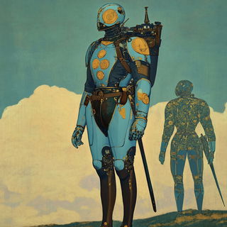 Cloudbrocade style, Midjourney V6.1: concept art character design of retropunk steam knight