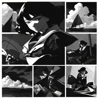 Lanternesque style, Midjourney V6.1: black-and-white manga comic strip