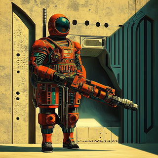 Chromaflood style, Midjourney V6.1: concept art character design of retropunk steam knight