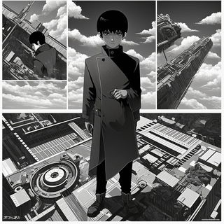 Chromaflood style, Midjourney V6.1: black-and-white manga comic strip