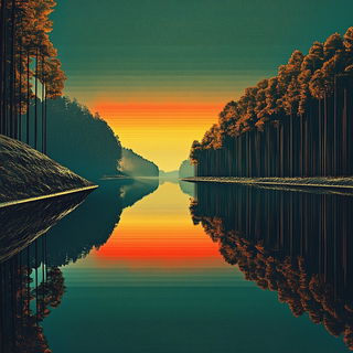 Chromaflood style, Midjourney V6.1: realistic landscape photograph of quiet dawn