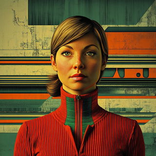 Chromaflood style, Midjourney V6.1: photographic portrait of female protagonist