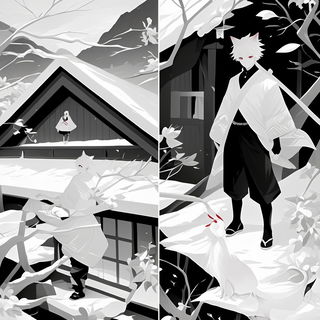 Vellum Apparatus style, Midjourney V6.1: black-and-white manga comic strip