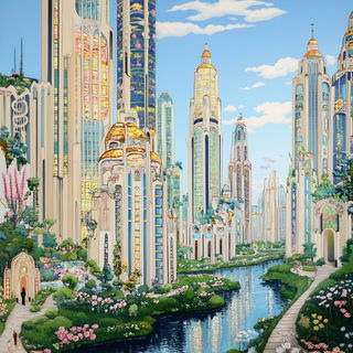 Vermilion Summerfield style, Midjourney V6.1: megacity with futuristic bioarchitecture