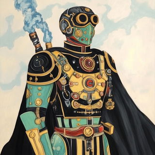 Vermilion Summerfield style, Midjourney V6.1: concept art character design of retropunk steam knight