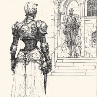 Mimograph Mythics style, Midjourney V6.1: concept art character design of retropunk steam knight