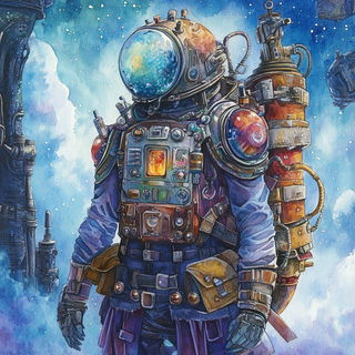 Cloudleaf Chartwork style, Midjourney V6.1: concept art character design of retropunk steam knight