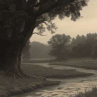 Scriptorium Aperture style, Midjourney V6.1: realistic landscape photograph of quiet dawn